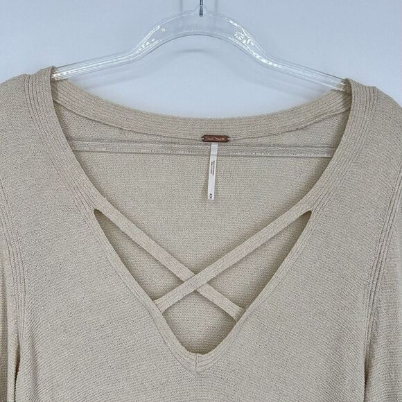 Free People Criss Cross Tunic Sweater V-Neck Long Sleeve Cream Size M - Picture 3 of 12
